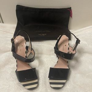 Kate Spade New York BRAX Black White Striped Open Toe Sandals Heels Italy 6